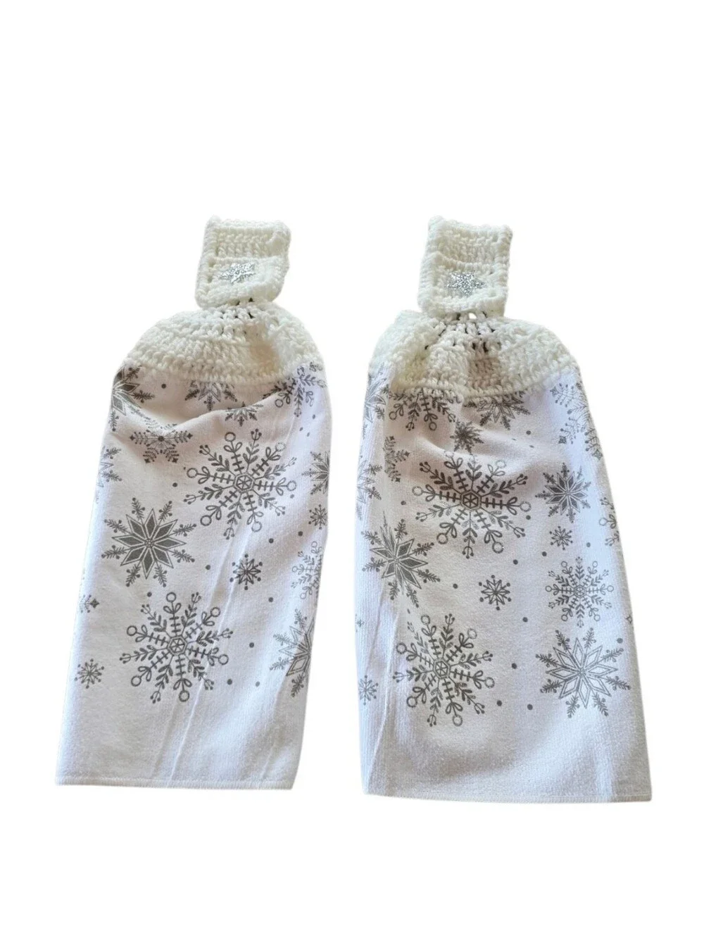 Snowflake White Silver Dish Towels Customized Crochet Accent Set Of 2